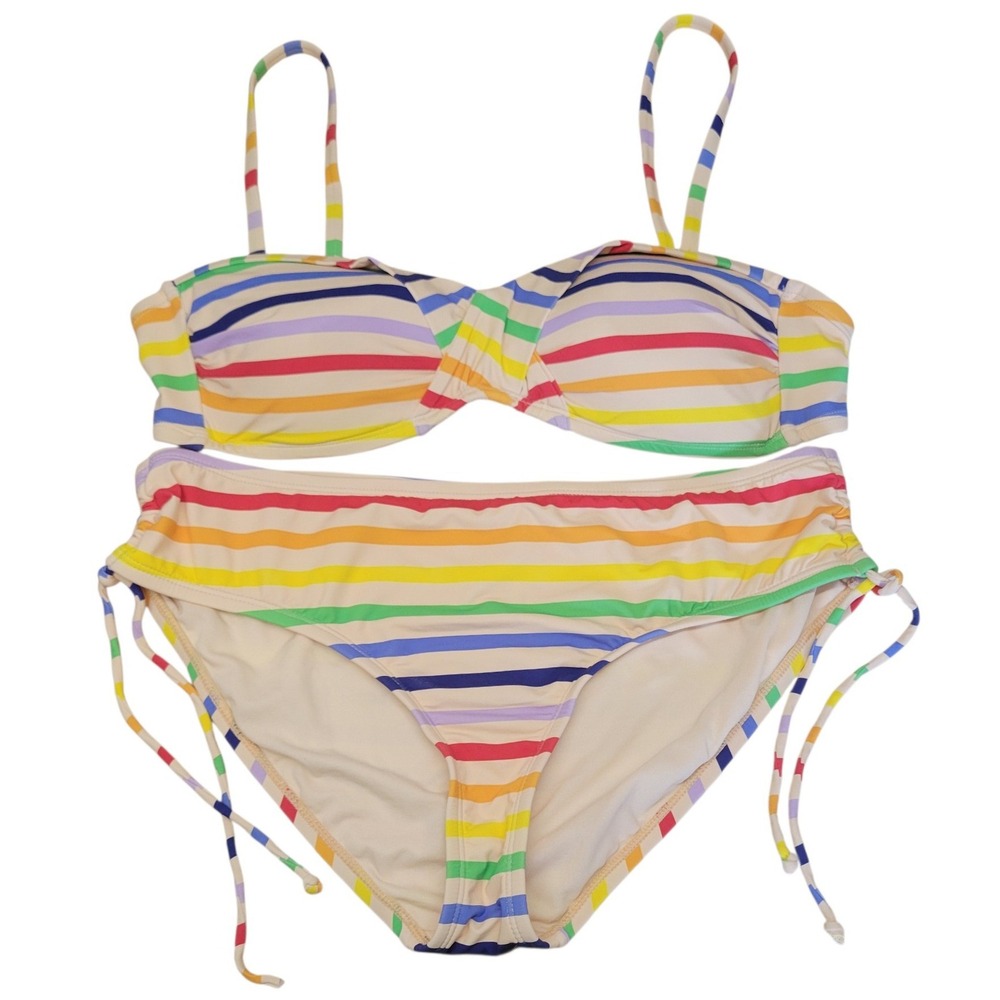 Gibson Latimer Rainbow Striped Bikini Set Bandeau‎ Top Side Tie Bottoms XL C667